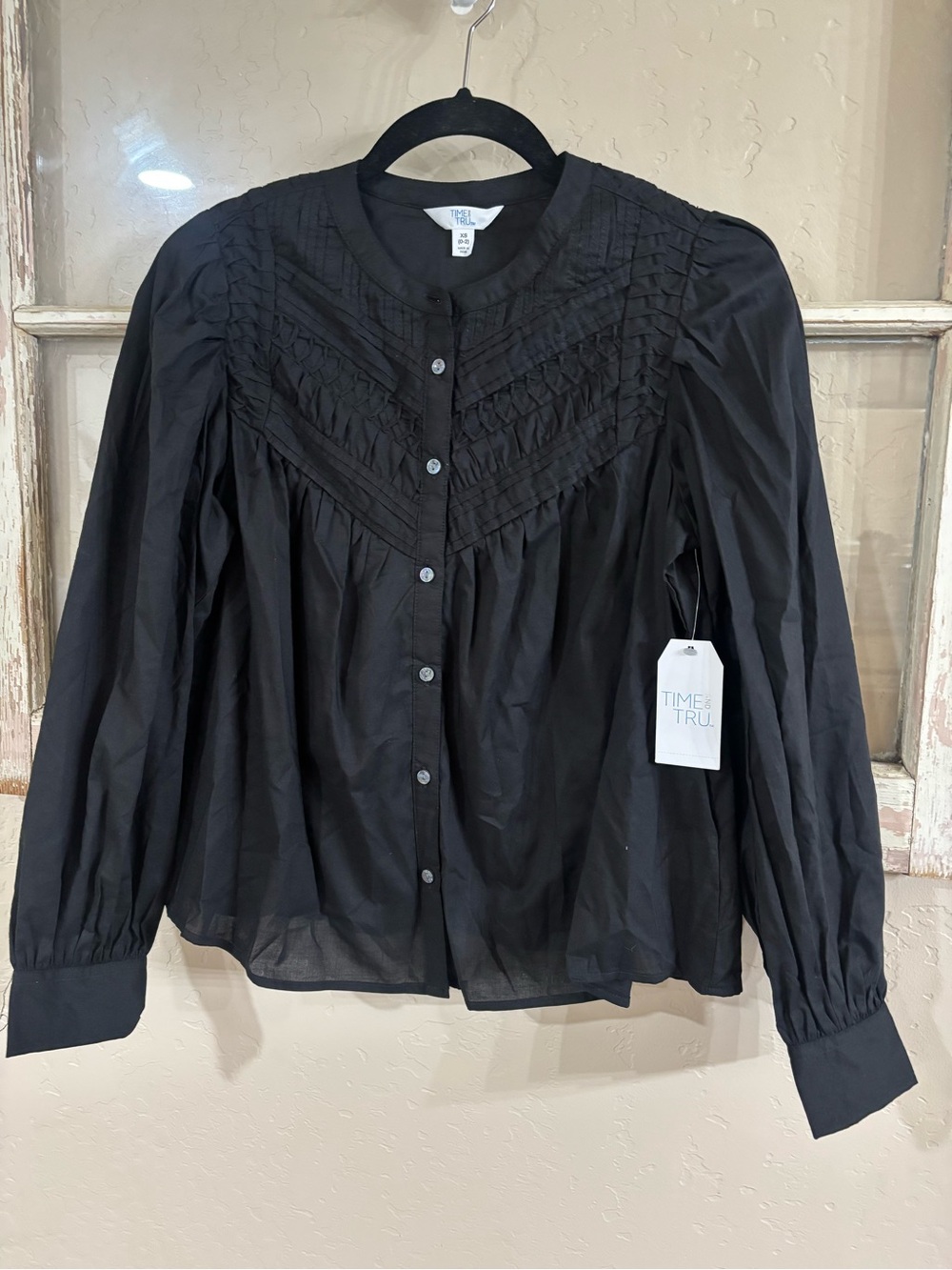 Time and Tru Black Pintuck Button-Front Blouse